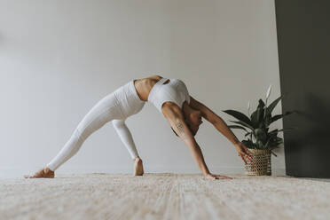 Flexibler Yogi beim Üben, während er sich im Yogastudio nach hinten beugt - OCAF00657