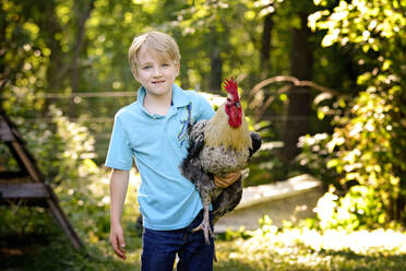 Handsome blond boy holding a rooster on the farm. - CAVF94293