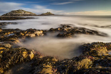 Tidal rock pools and Mumbles Lighthouse, Bracelet Bay, Mumbles Head, Gower Peninsula, Swansea, Wales, United Kingdom, Europe - RHPLF19818