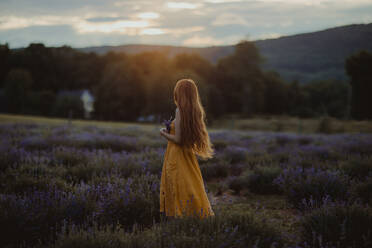 Seitenansicht einer zarten Frau mit Blumen in der Hand, die in einem blühenden Lavendelfeld steht und die Natur genießt, während sie wegschaut - ADSF25188