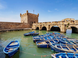 Blue boats in the Scala Harbour and the Citadel, Essaouira, Marrakesh-Safi Region, Morocco, North Africa, Africa - RHPLF19927