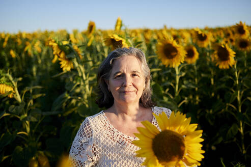 Smiling senior woman standing in sunflower field during sunset - KIJF04000