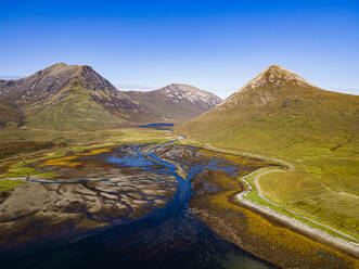 UK, Scotland, Elgol, Aerial view of shore of Loch Scavaig with Black Cuillin mountains in background - RUNF04563