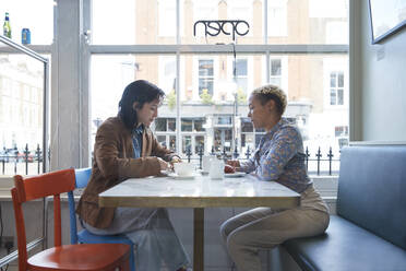 Lesbian couple sitting at table in cafe by glass window - PMF01922