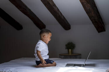 Boy screaming while looking at laptop on bed at home - OCMF02163