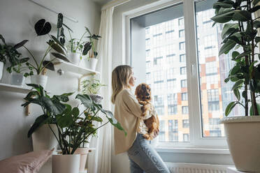 Junge Frau mit Hund schaut durch das Fenster ihres Hauses - VPIF04183