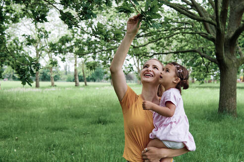 Mutter zeigt ihrer Tochter Blätter im Park - ASGF00727