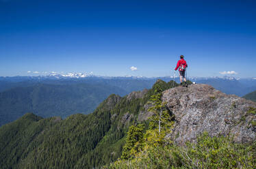 A man climbs a mountain in the Colonel Bob Wilderness on the Olympic Peninsula, WA. - CAVF94387