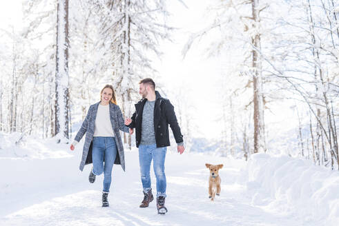 Junges Paar beim Spaziergang mit Hund im Schnee im Urlaub - MEF00106