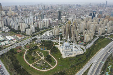 Turkey, Istanbul, Aerial view of Mimar Sinan Mosque and surrounding skyscrapers - TAMF03112