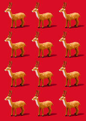 Pattern of reindeer figurines standing against vibrant red background - FLMF00533