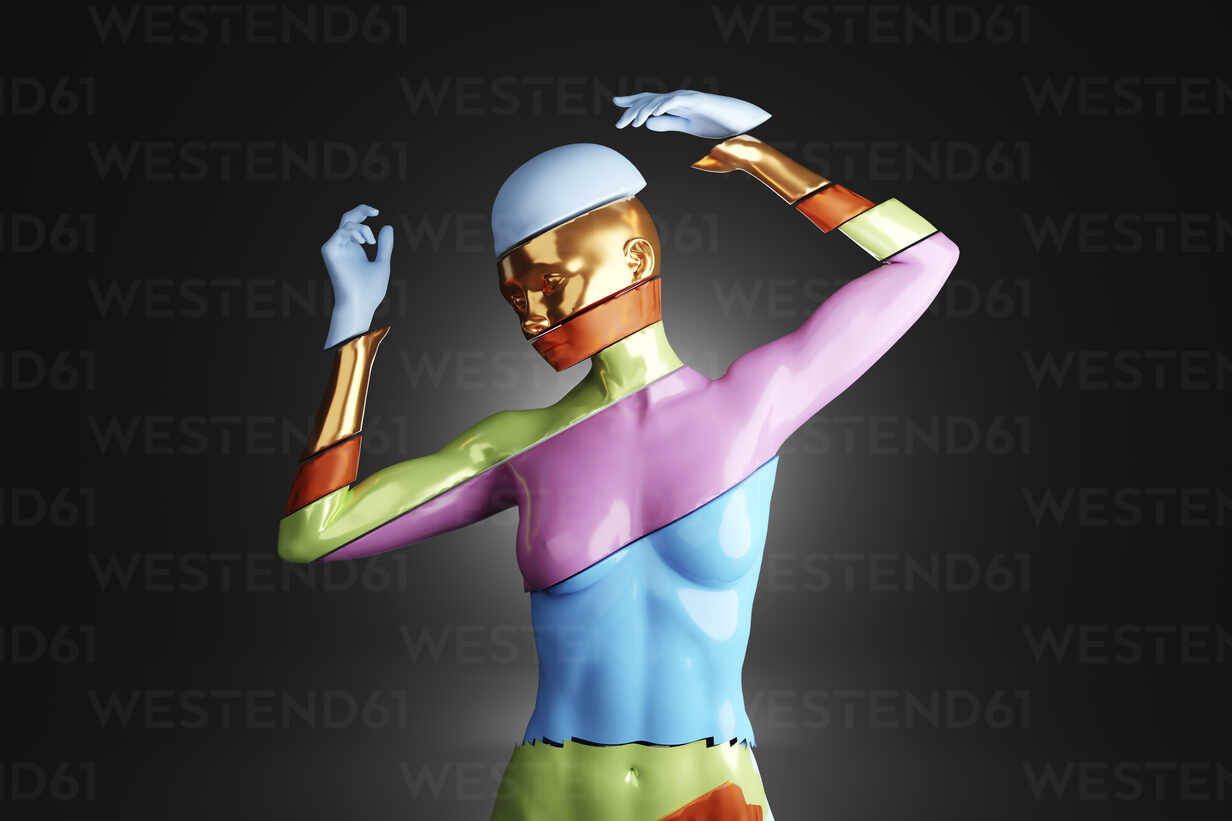 Three dimensional render of naked woman separated into colorful