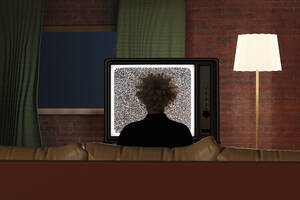 Dreidimensionale Darstellung einer Frau, die abends im Wohnzimmer sitzt und statisch fernsieht - SPCF01439