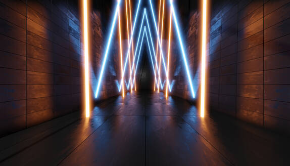 Three dimensional render of dark corridor illuminated with orange and blue neon lighting - SPCF01450