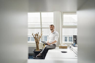 Male professional holding digital tablet while sitting on desk - DIGF15967