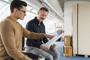 Geschäftsmann, der auf Papier zeigt, während er mit einem Kollegen im Büro arbeitet - DIGF15998