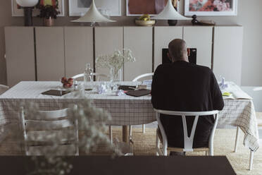 Rear view of businessman working on laptop in living room - MASF24426