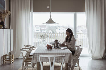Businesswoman working at dining table in living room - MASF24448