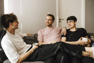 Smiling male friends talking with each other while sitting in living room - MASF24962