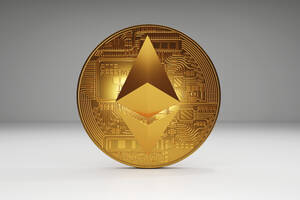 Dreidimensionales Rendering einer goldenen Ethereum-Münze - SPCF01457