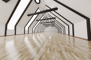 Dreidimensionales Rendering einer leeren Loftwohnung mit glänzendem Holzboden - SPCF01466