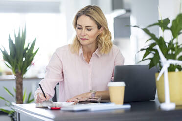 Geschäftsfrau bei der Arbeit am Schreibtisch im Heimbüro - WPEF04936