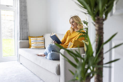 Frau liest ein Buch, während sie zu Hause auf dem Sofa sitzt - WPEF04981