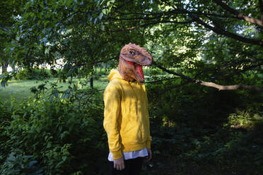 Pre-adolescent boy wearing dinosaur mask - VPIF04264