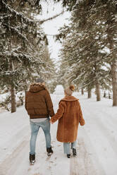 Kanada, Ontario, Paar hält sich beim Winterspaziergang an den Händen - ISF24629