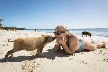 Junge blonde Frau küsst Schwein am Strand auf den Bahamas - CAVF94590