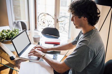 Mann benutzt Laptop bei der Arbeit von zu Hause aus - MEUF03231