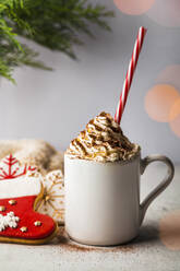 Christmas cookies and mug of frothy hot chocolate - FLMF00567