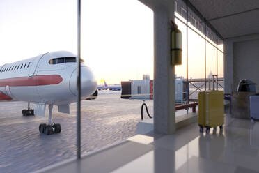 Dreidimensionales Rendering eines Verkehrsflugzeugs, das in der Abenddämmerung auf dem Flughafen wartet - SPCF01478