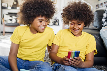 Neugierige Zwillingsbrüder benutzen ihr Smartphone zu Hause - MEUF03403