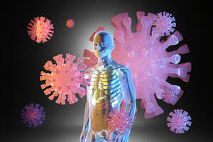 Dreidimensionales Rendering von riesigen Viruszellen, die um ein menschliches anatomisches Modell mit transparenter Haut schwimmen - SPCF01480