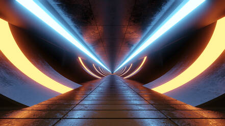 Three dimensional render of futuristic corridor illuminated by blue and yellow neon lighting - SPCF01481