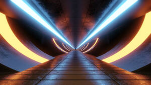 Dreidimensionales Rendering eines futuristischen Korridors, beleuchtet von blauer und gelber Neonbeleuchtung - SPCF01481