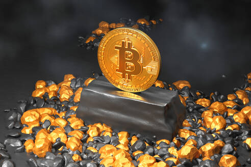 Dreidimensionales Rendering einer einzelnen Bitcoin, die in einer Goldmine steht - SPCF01482
