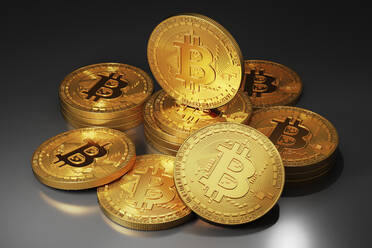 Dreidimensionales Rendering von goldenen Bitcoins - SPCF01483