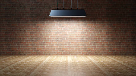 Dreidimensionales Rendering einer Leuchte, die in einem leeren Raum mit Backsteinwand hängt - SPCF01490