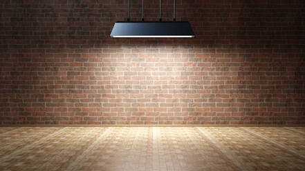 Three dimensional render of light fixture hanging in empty room with brick wall - SPCF01490