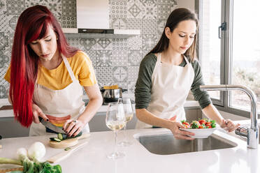 Junge lesbische Freundinnen schneiden Gurken, während sie ein veganes Mittagessen am Tisch mit Gläsern alkoholischer Getränke im Haus vorbereiten - ADSF25385