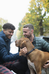 Happy gay male couple petting dog on street - CAIF31064