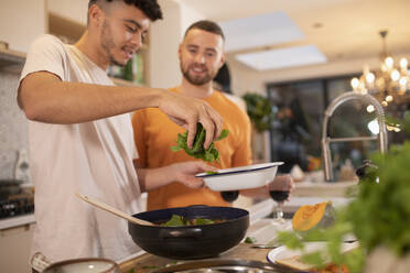 Schwules männliches Paar beim Kochen mit frischem Spinat in der Küche - CAIF31137