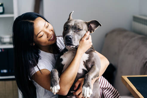 Content ethnic female embracing American Staffordshire Terrier sitting in armchair in house room - ADSF25398