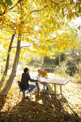 Geschäftsleute bei der Arbeit am Tisch in einem sonnigen, idyllischen Herbstpark - CAIF31325