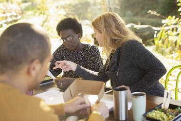 Businesswomen discussing paperwork and eating lunch at table in park - CAIF31361