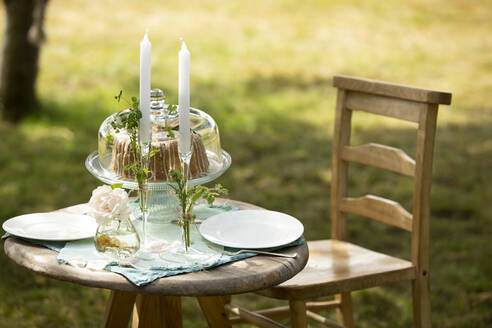 Candlesticks and cake on summer garden table - CAIF31570