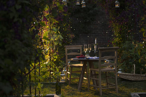 Champagner und rote Johannisbeeren auf einem idyllischen Gartentisch im Sommer - CAIF31572