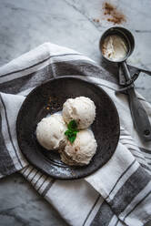 Draufsicht auf leckeres Gelato mit frischen Minzblättern und Zimtpulver in der Nähe des Löffels auf dem Handtuch - ADSF25616